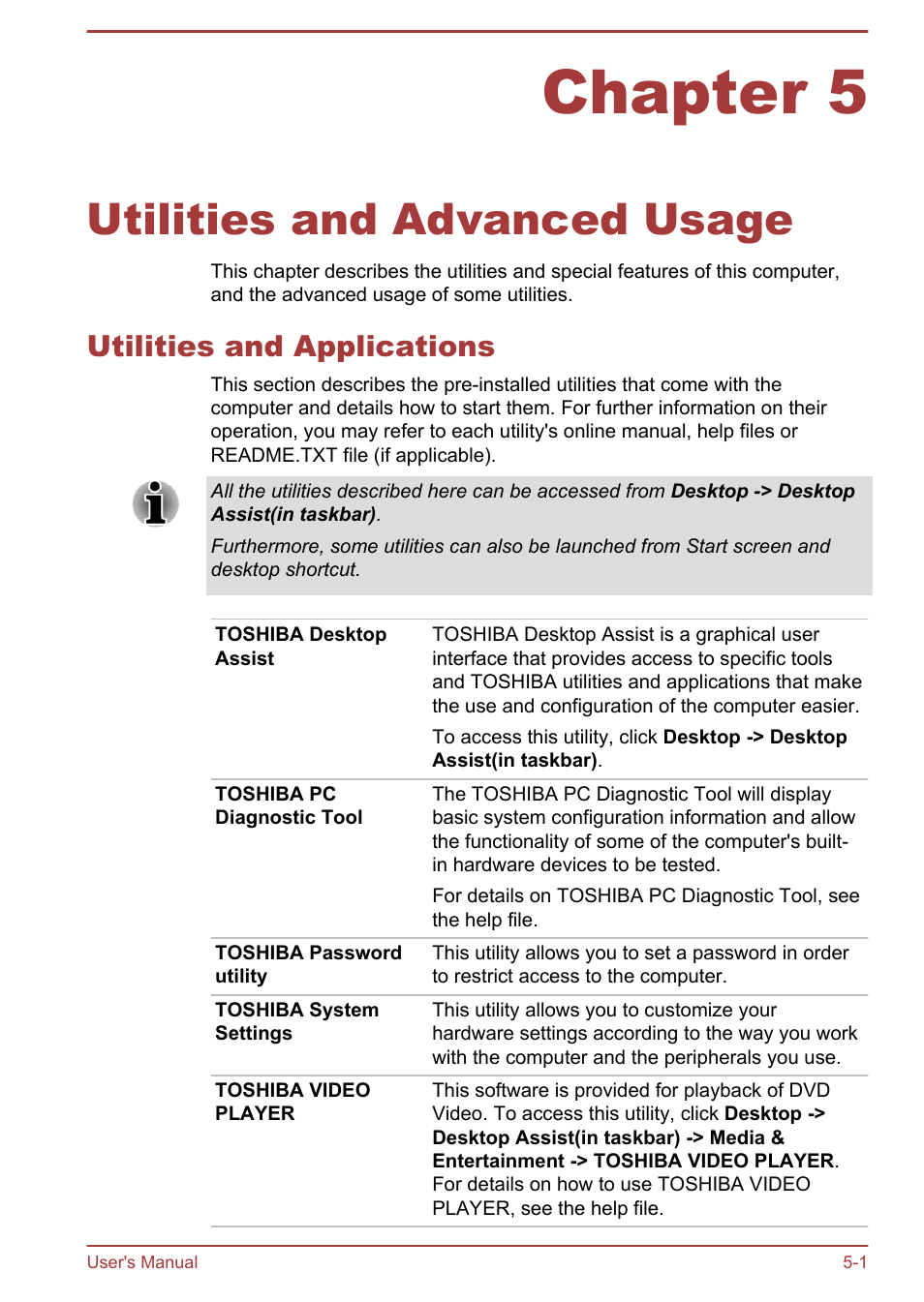Chapter 5 utilities and advanced usage, Utilities and applications, Chapter 5 | Utilities and advanced usage, Utilities and applications -1 | Toshiba Satellite L830 User Manual | Page 102 / 144