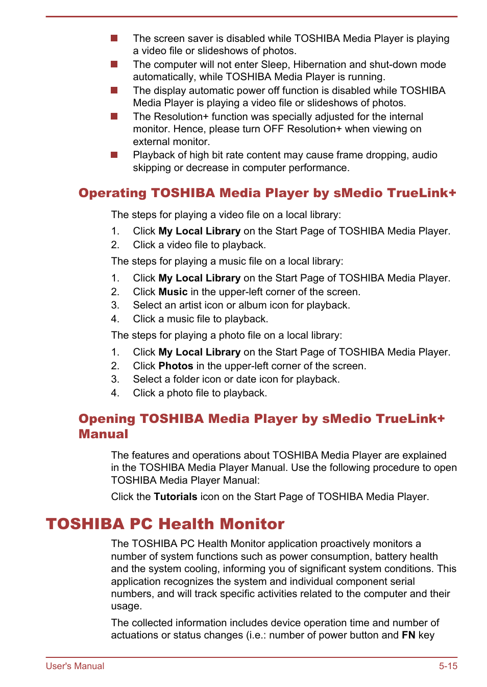 Operating toshiba media player by smedio truelink, Toshiba pc health monitor, Toshiba pc health monitor -15 | Toshiba Satellite L830 User Manual | Page 116 / 144