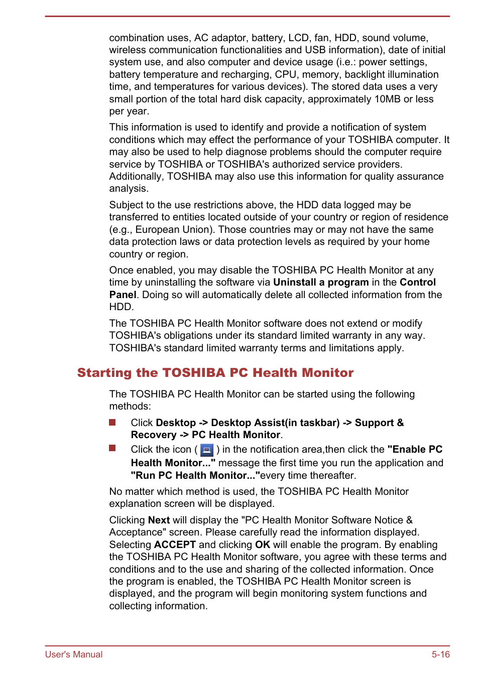 Starting the toshiba pc health monitor | Toshiba Satellite L830 User Manual | Page 117 / 144
