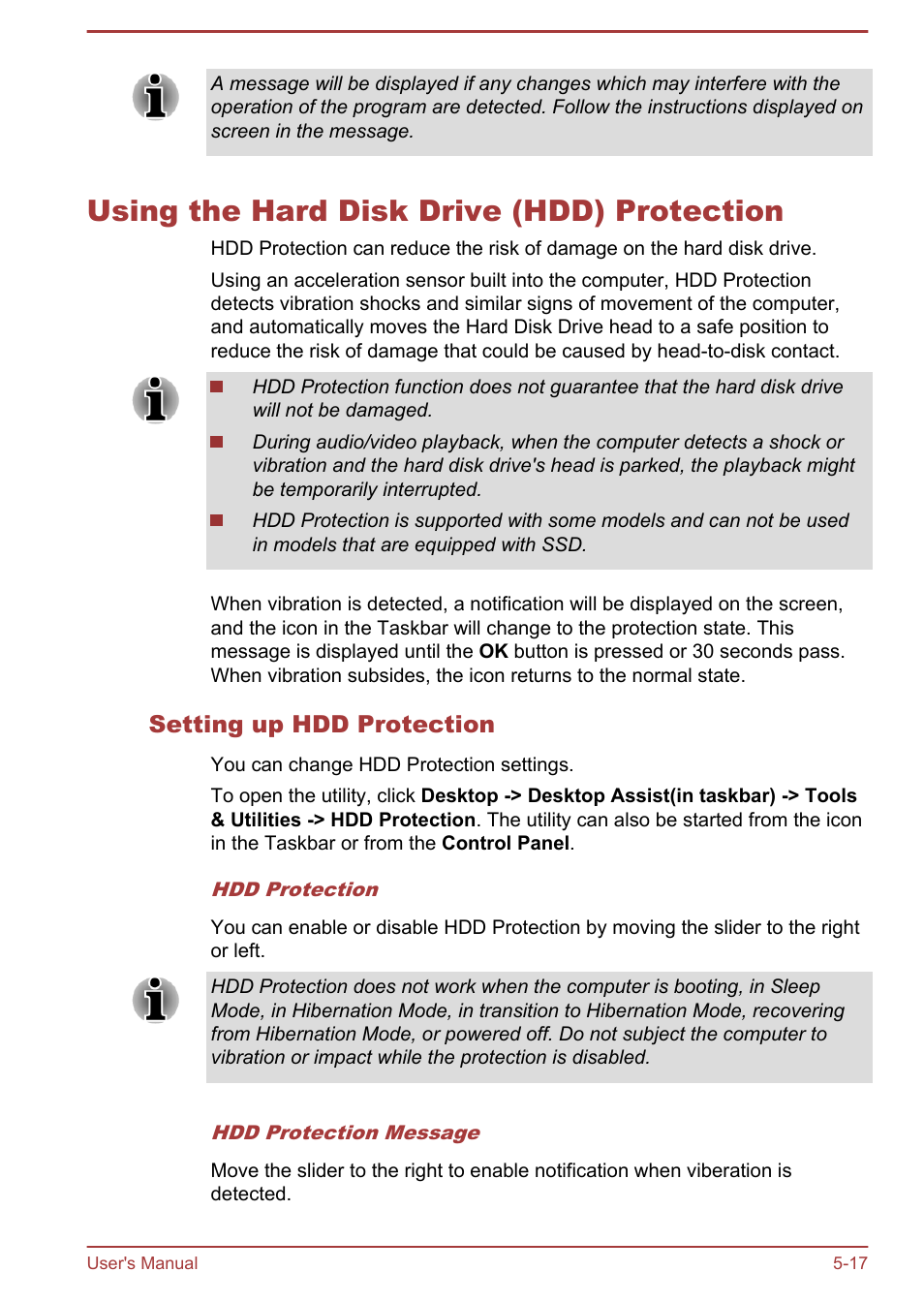Using the hard disk drive (hdd) protection, Setting up hdd protection, Using the hard disk drive (hdd) protection -17 | To-disk contact. refer to the, Using the hard disk, Drive (hdd) protection, Section for more details | Toshiba Satellite L830 User Manual | Page 118 / 144