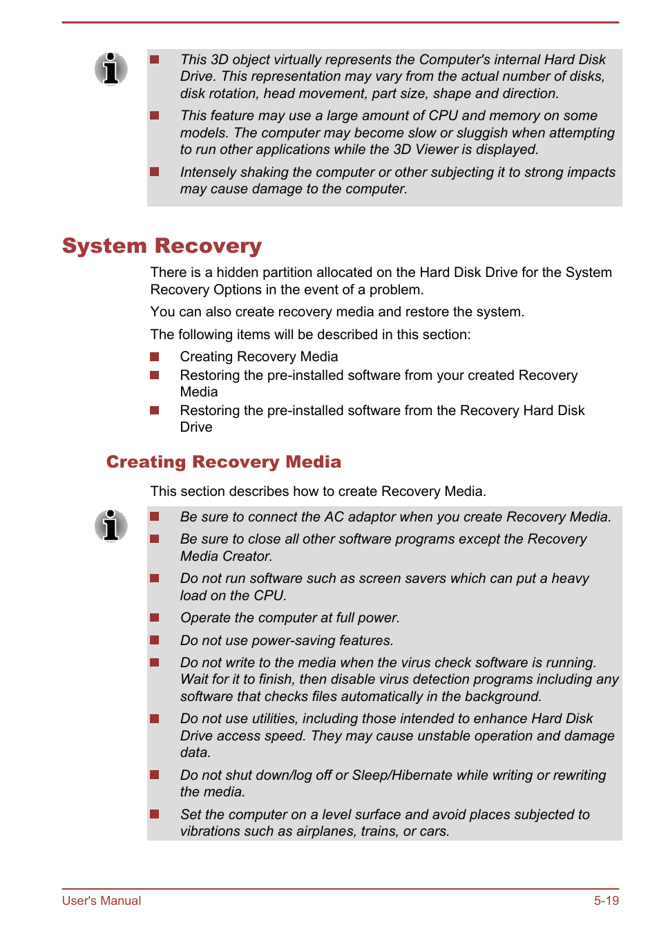 System recovery, Creating recovery media, System recovery -19 | Toshiba Satellite L830 User Manual | Page 120 / 144