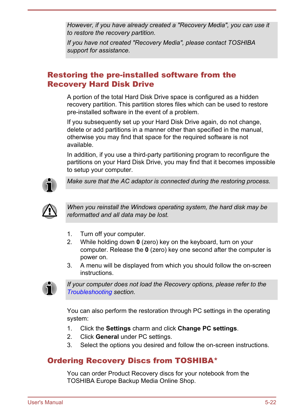 Ordering recovery discs from toshiba | Toshiba Satellite L830 User Manual | Page 123 / 144