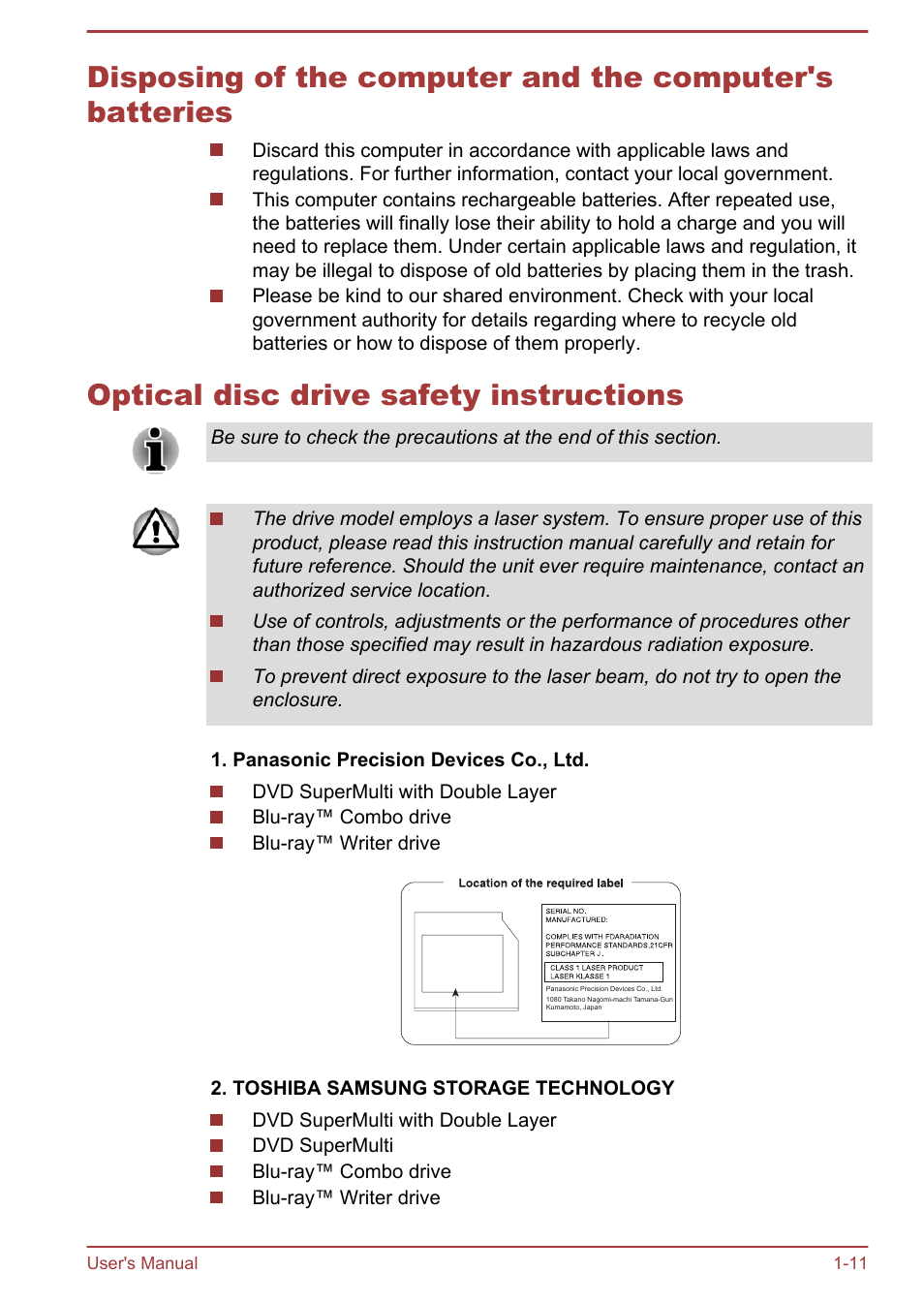 Optical disc drive safety instructions | Toshiba Satellite L830 User Manual | Page 15 / 144