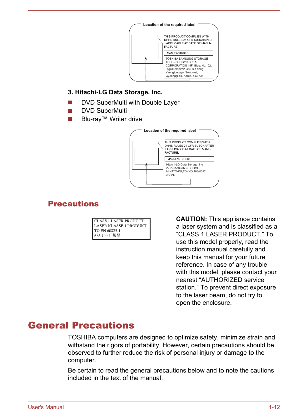 Precautions, General precautions, General precautions -12 | User's manual 1-12 | Toshiba Satellite L830 User Manual | Page 16 / 144