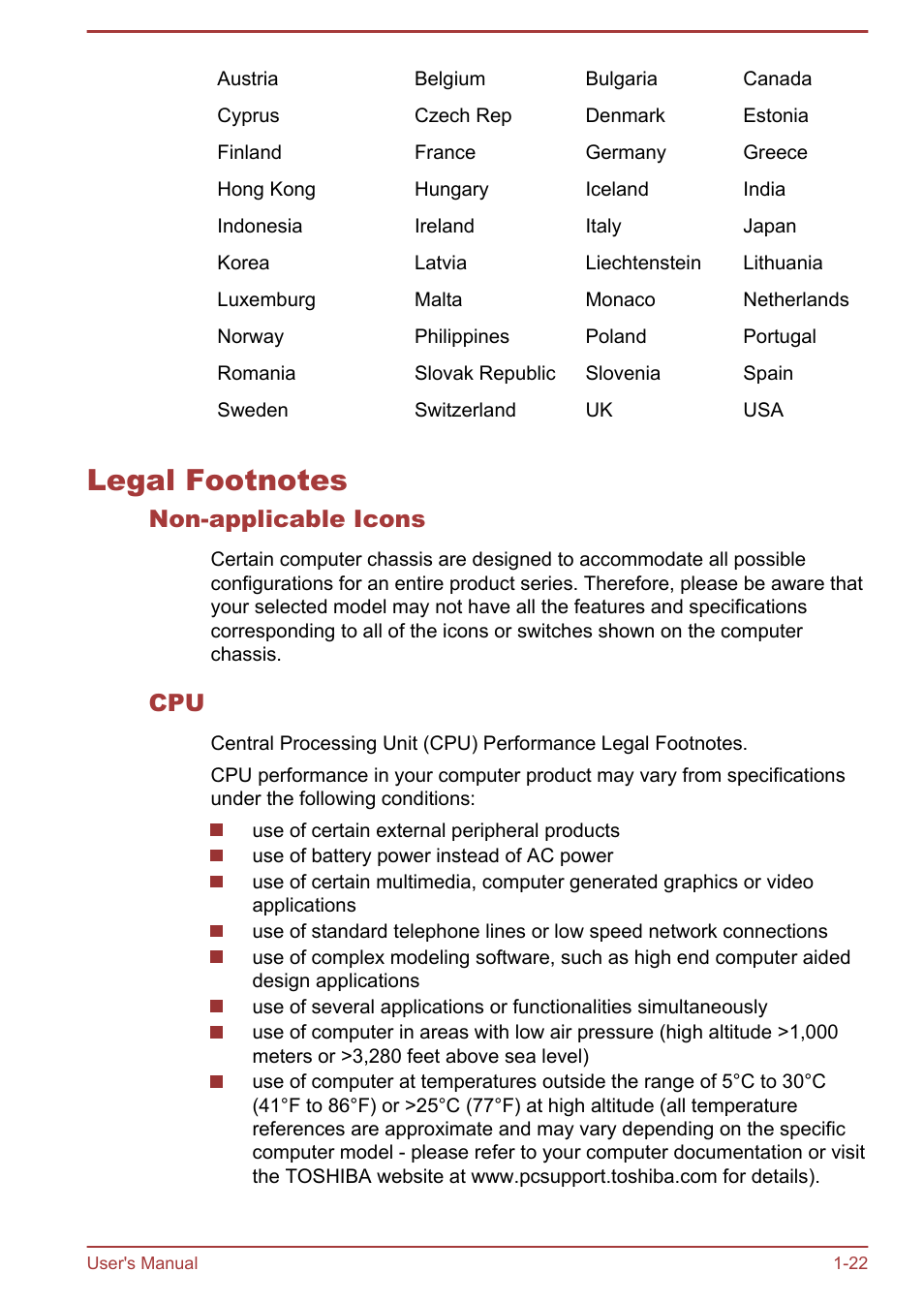 Legal footnotes, Non-applicable icons, Legal footnotes -22 | Toshiba Satellite L830 User Manual | Page 26 / 144