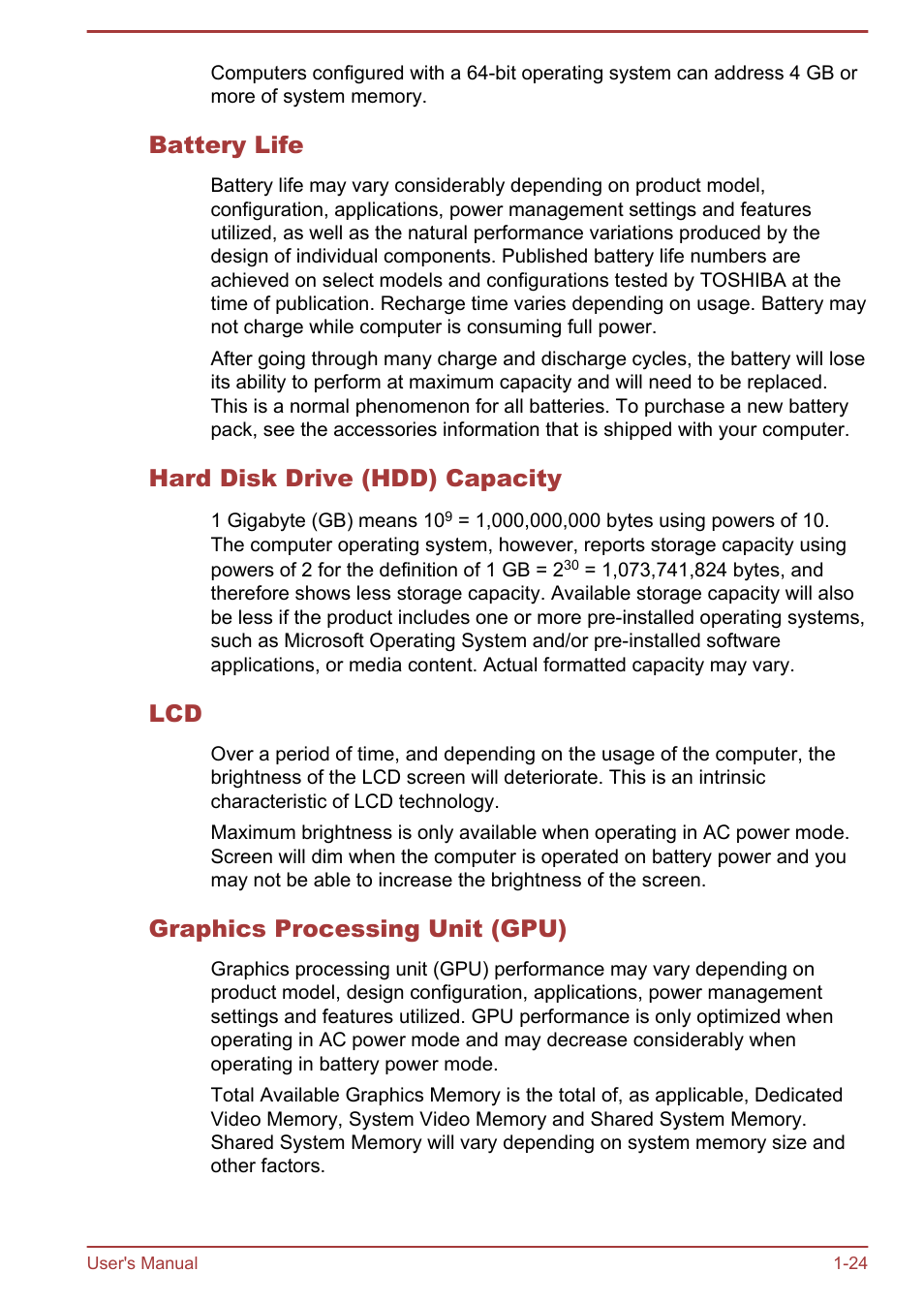 Battery life, Hard disk drive (hdd) capacity, Graphics processing unit (gpu) | Toshiba Satellite L830 User Manual | Page 28 / 144