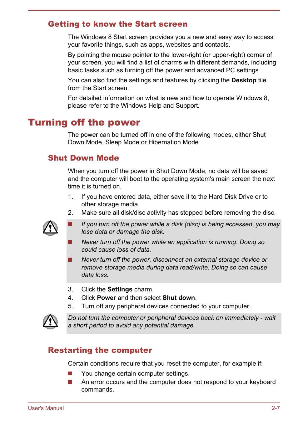 Getting to know the start screen, Turning off the power, Shut down mode | Restarting the computer, Turning off the power -7 | Toshiba Satellite L830 User Manual | Page 36 / 144