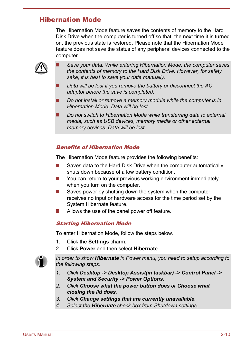 Hibernation mode | Toshiba Satellite L830 User Manual | Page 39 / 144