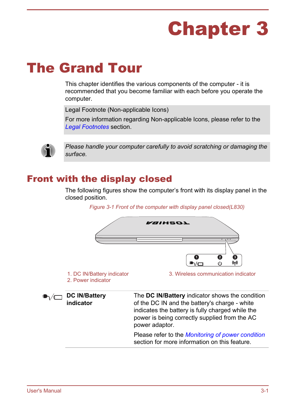 Chapter 3 the grand tour, Front with the display closed, Chapter 3 | The grand tour, Front with the display closed -1 | Toshiba Satellite L830 User Manual | Page 41 / 144