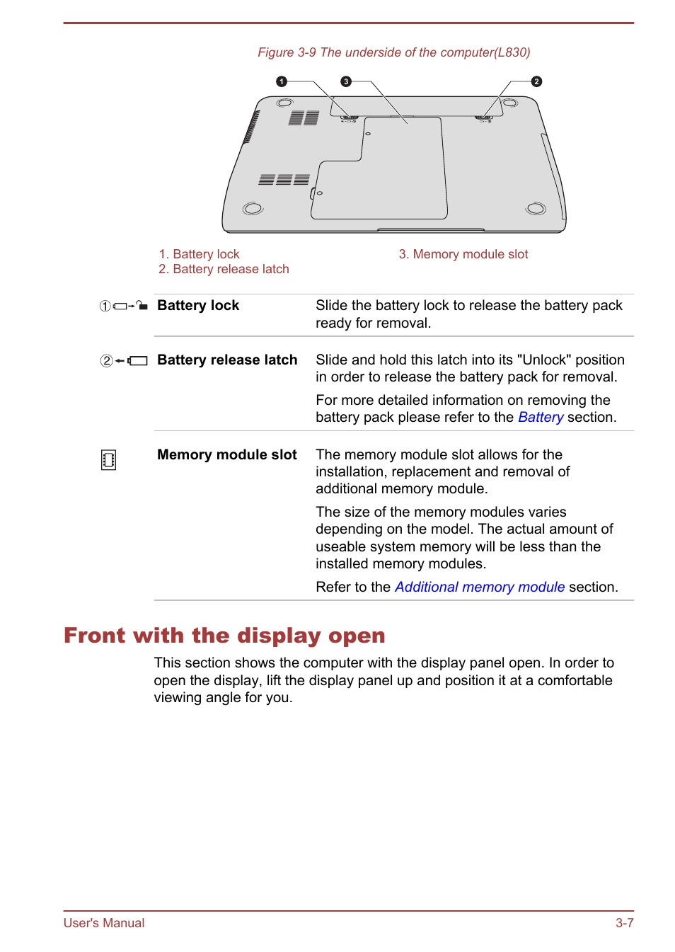 Front with the display open, Front with the display open -7 | Toshiba Satellite L830 User Manual | Page 47 / 144