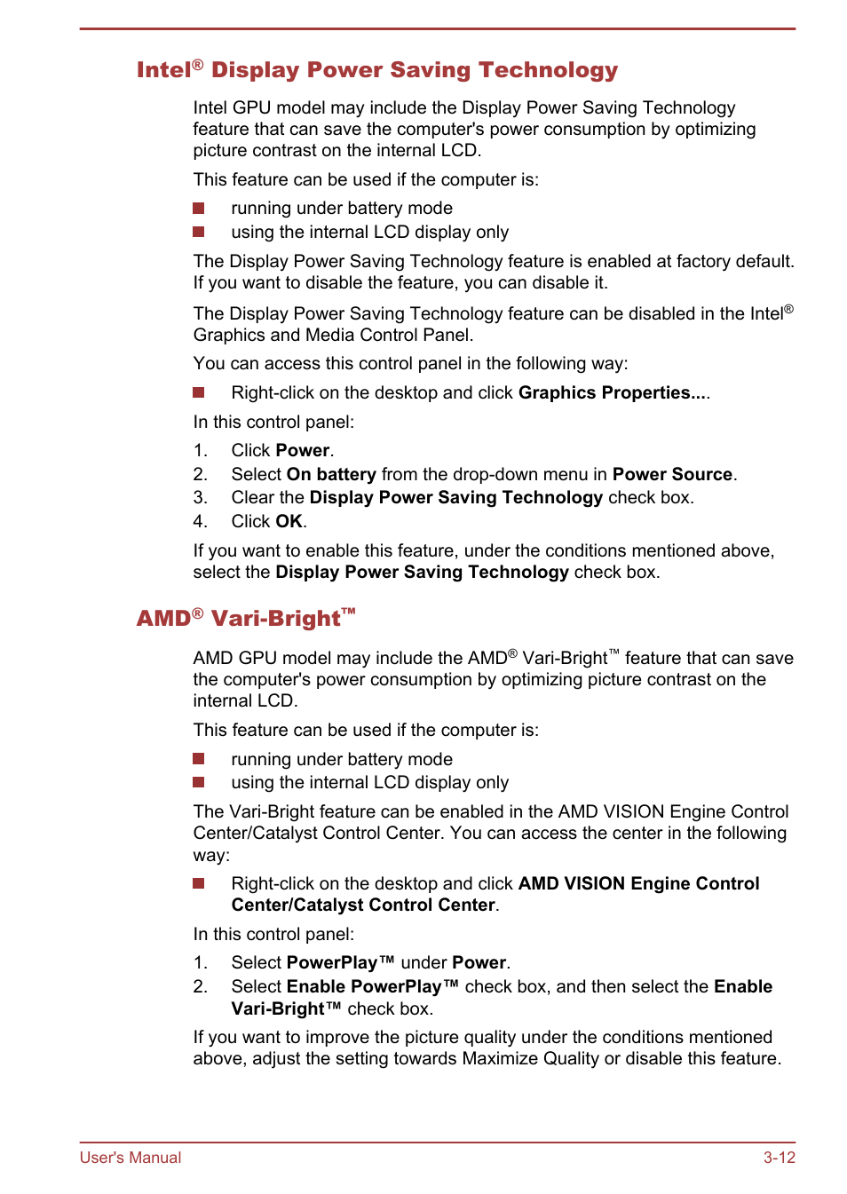 Intel® display power saving technology, Amd® vari-bright, Intel | Display power saving technology, Vari-bright | Toshiba Satellite L830 User Manual | Page 52 / 144