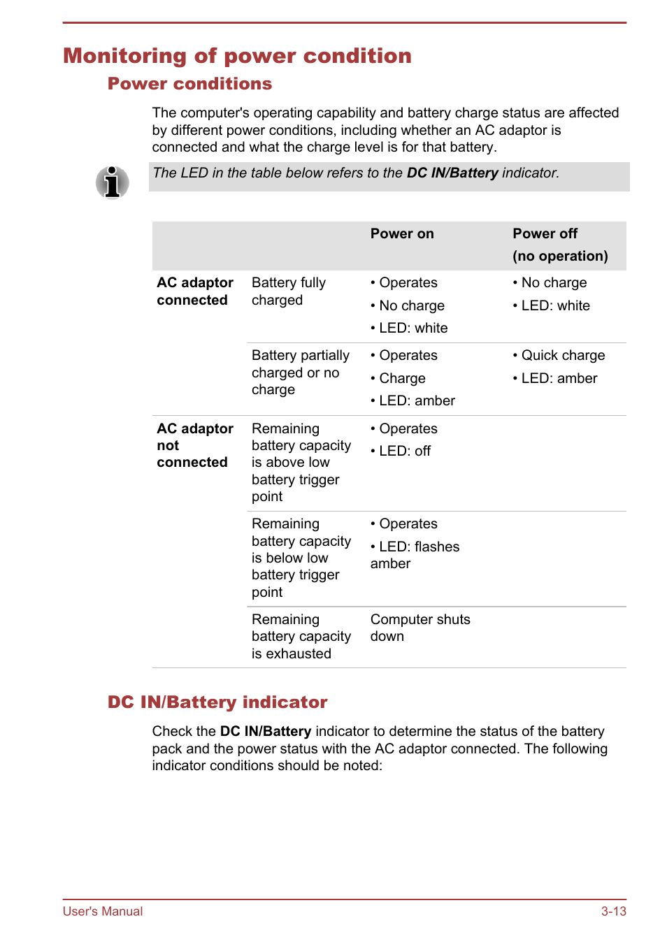 Monitoring of power condition, Power conditions, Dc in/battery indicator | Monitoring of power condition -13 | Toshiba Satellite L830 User Manual | Page 53 / 144