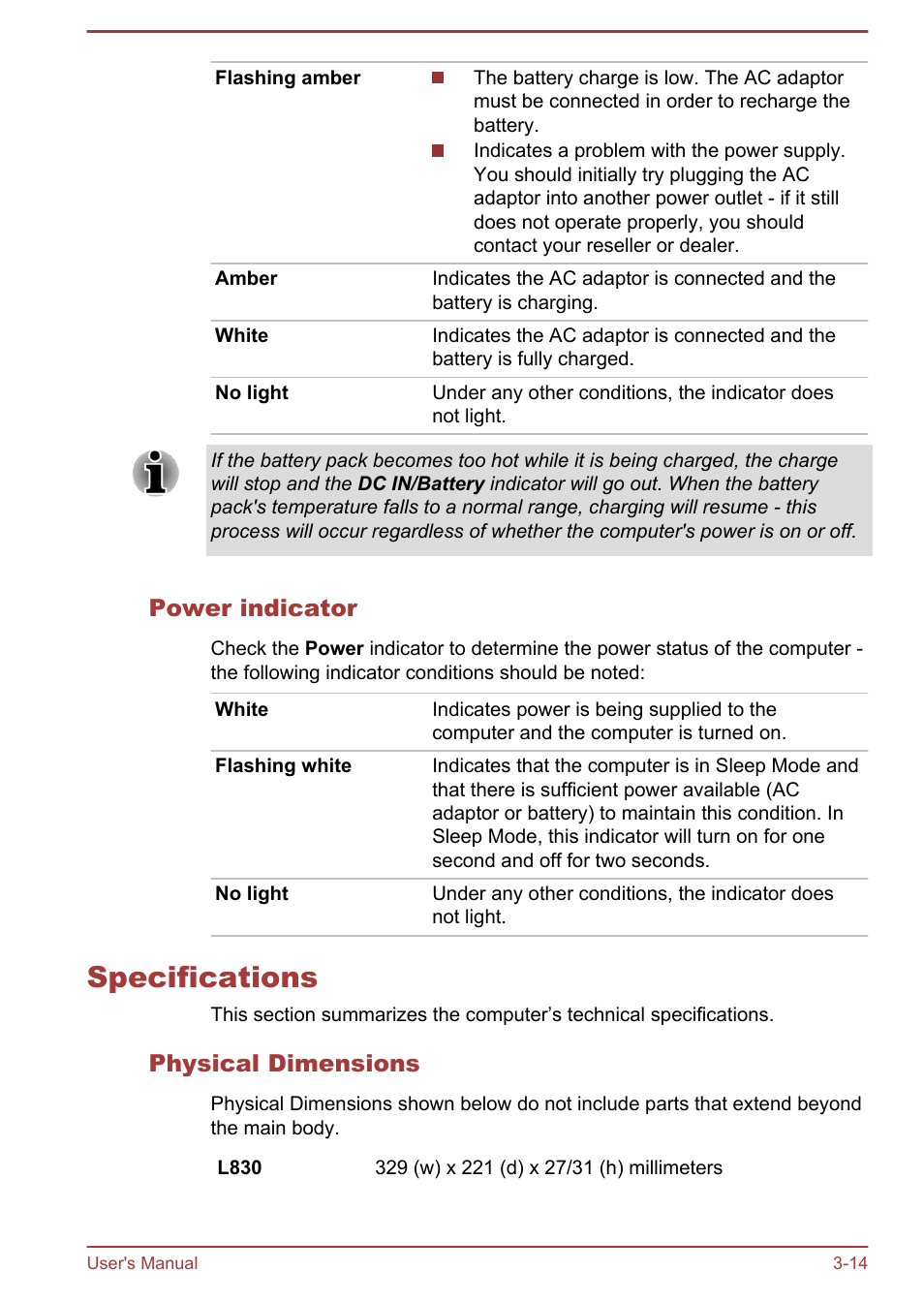 Power indicator, Specifications, Physical dimensions | Specifications -14 | Toshiba Satellite L830 User Manual | Page 54 / 144