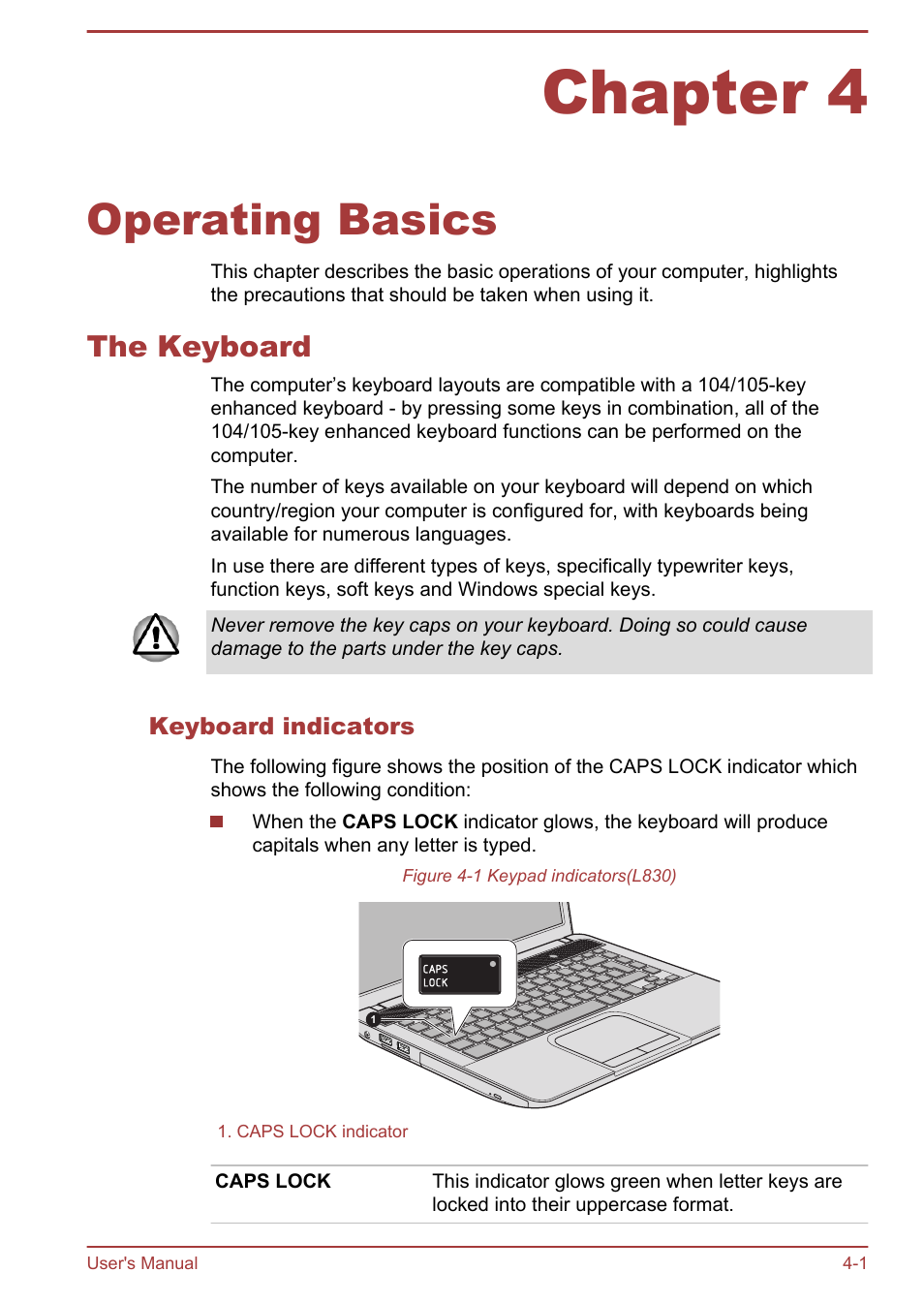 Chapter 4 operating basics, The keyboard, Keyboard indicators | Chapter 4, Operating basics, The keyboard -1 | Toshiba Satellite L830 User Manual | Page 58 / 144