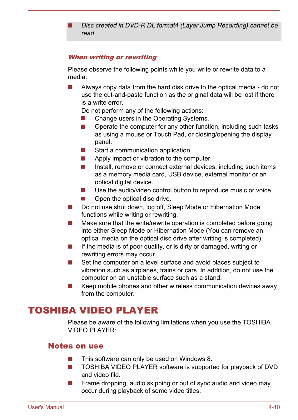 Toshiba video player, Notes on use, Toshiba video player -10 | Toshiba Satellite L830 User Manual | Page 67 / 144