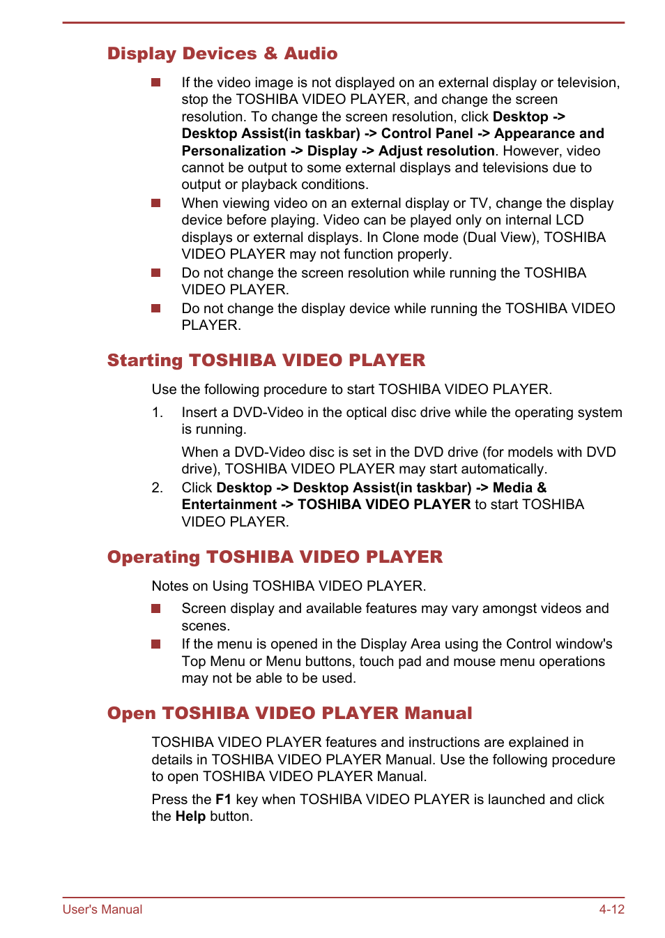 Display devices & audio, Starting toshiba video player, Operating toshiba video player | Open toshiba video player manual | Toshiba Satellite L830 User Manual | Page 69 / 144