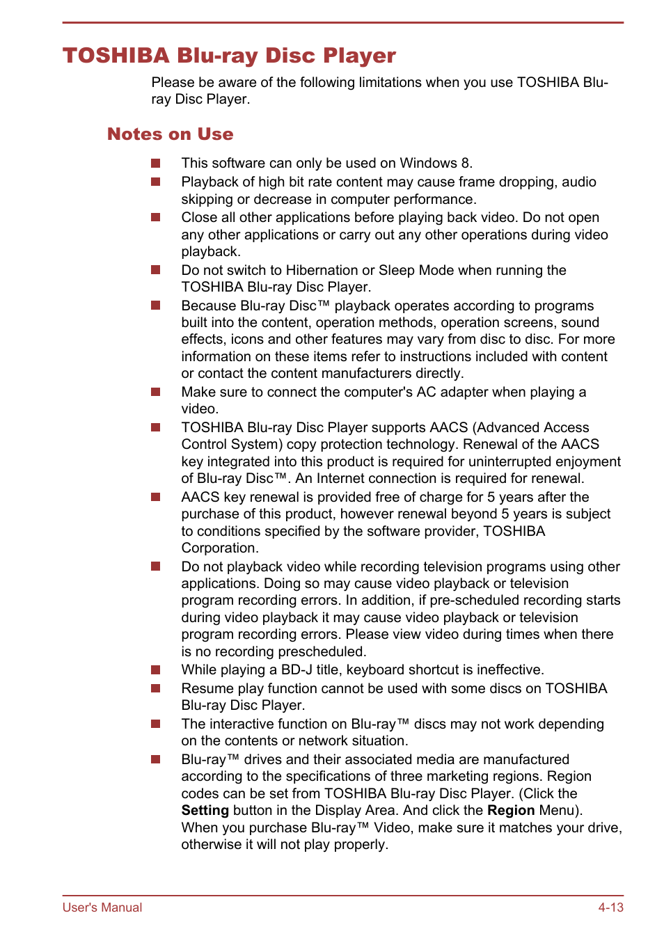 Toshiba blu-ray disc player, Notes on use, Toshiba blu-ray disc player -13 | Toshiba Satellite L830 User Manual | Page 70 / 144