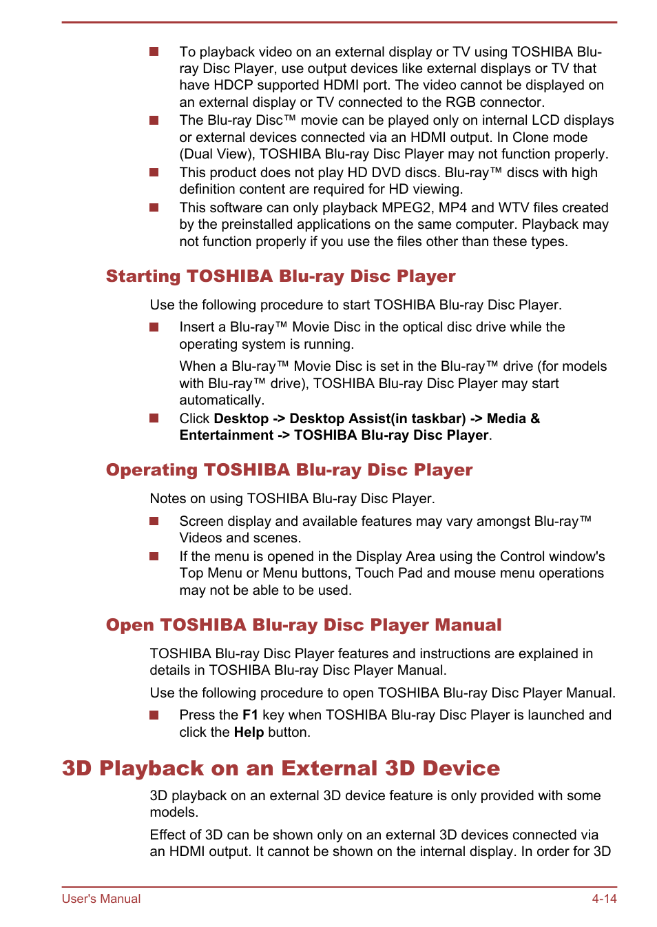 Starting toshiba blu-ray disc player, Operating toshiba blu-ray disc player, Open toshiba blu-ray disc player manual | 3d playback on an external 3d device, 3d playback on an external 3d device -14 | Toshiba Satellite L830 User Manual | Page 71 / 144
