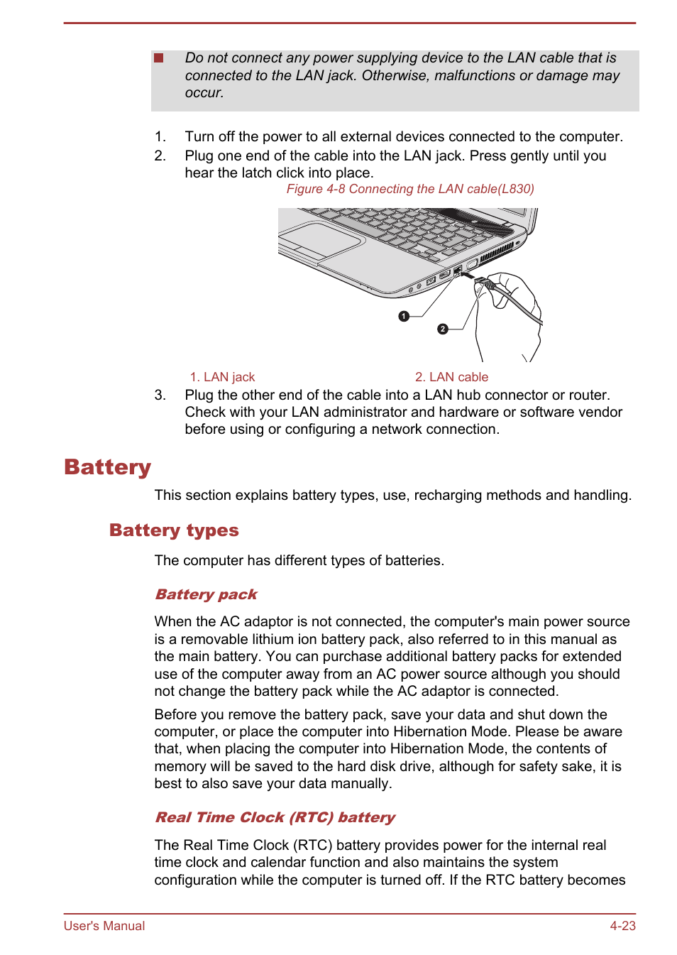 Battery, Battery types, Battery -23 | Toshiba Satellite L830 User Manual | Page 80 / 144