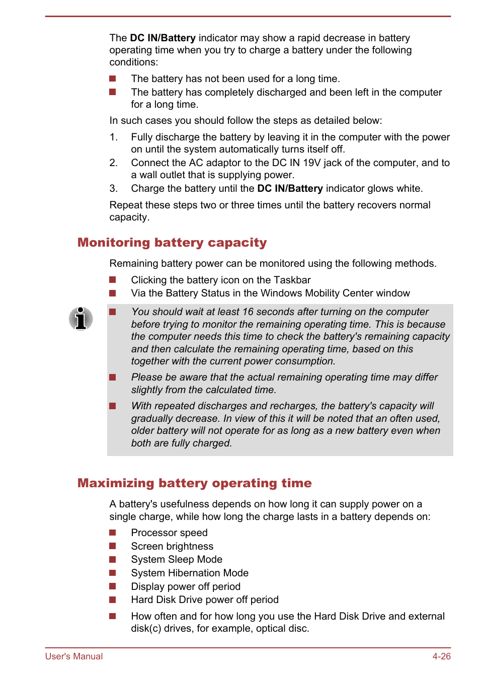Monitoring battery capacity, Maximizing battery operating time | Toshiba Satellite L830 User Manual | Page 83 / 144