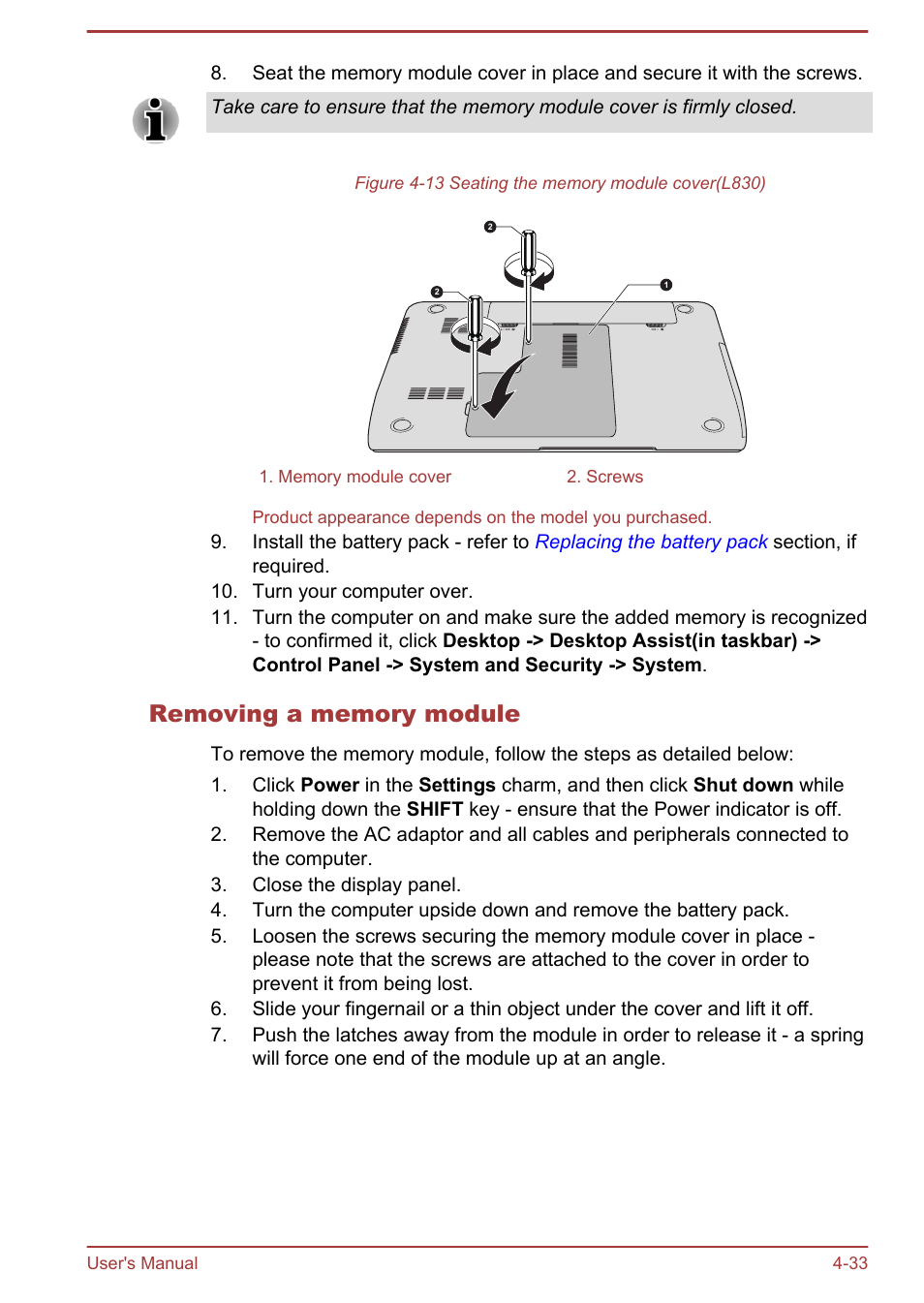 Removing a memory module | Toshiba Satellite L830 User Manual | Page 90 / 144