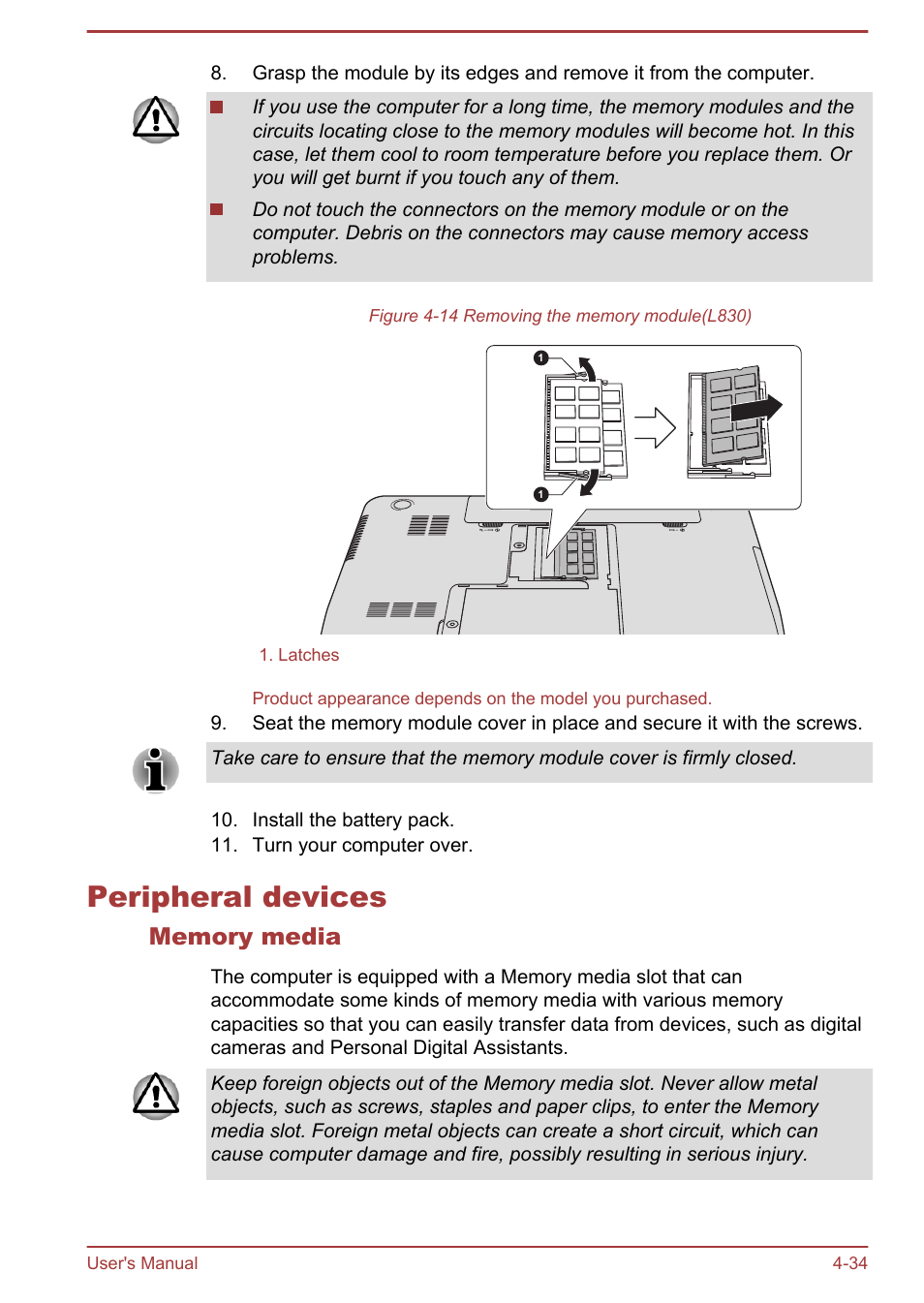 Peripheral devices, Memory media, Peripheral devices -34 | Toshiba Satellite L830 User Manual | Page 91 / 144