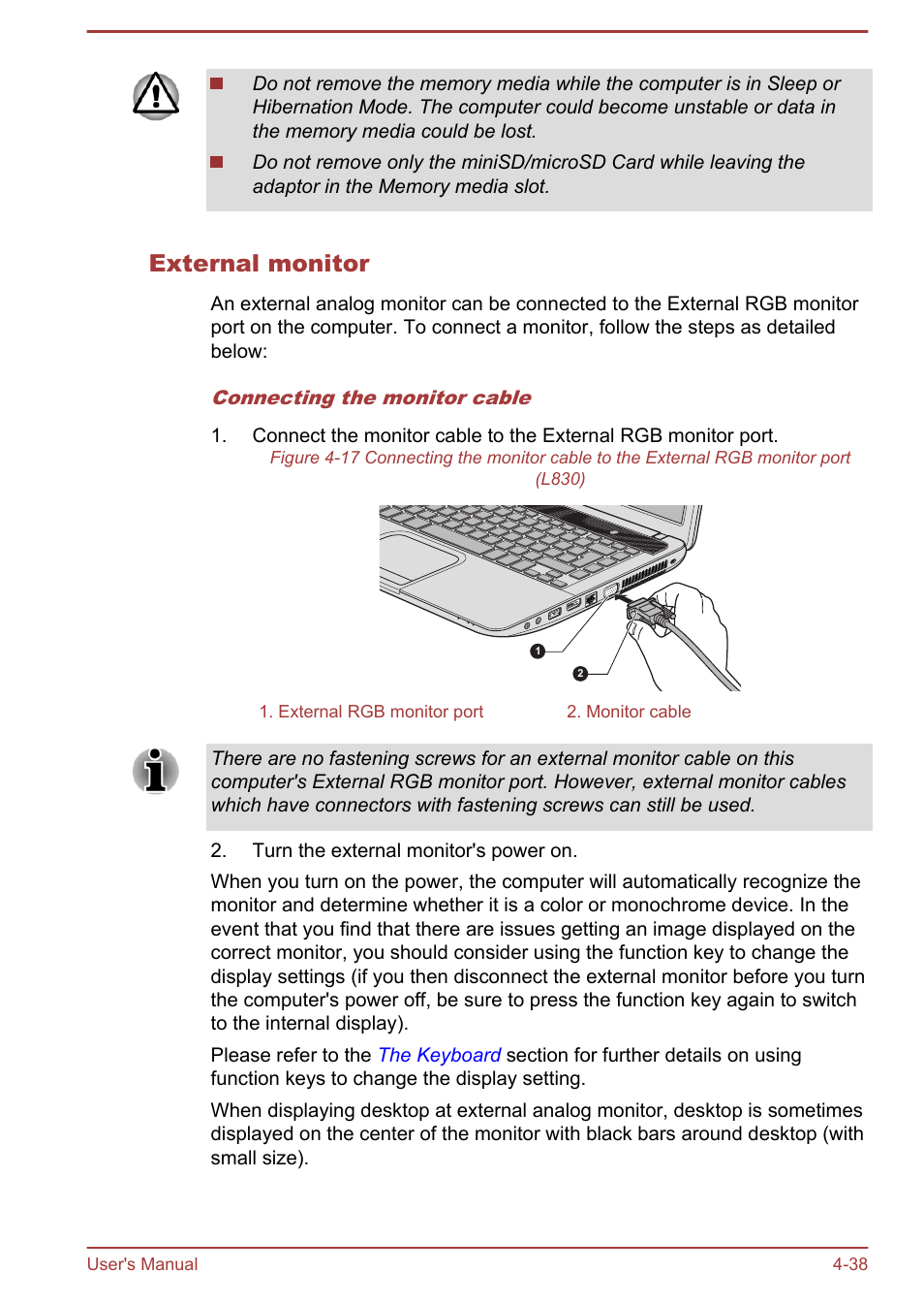 External monitor | Toshiba Satellite L830 User Manual | Page 95 / 144