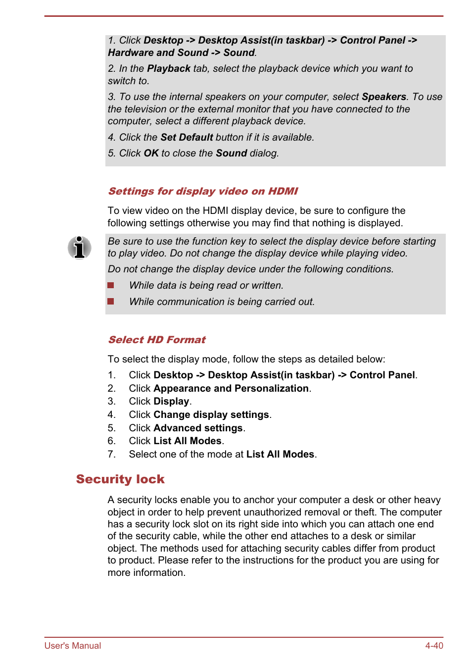 Security lock | Toshiba Satellite L830 User Manual | Page 97 / 144