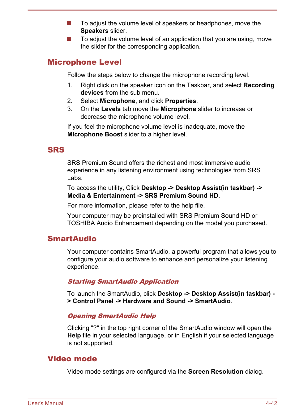 Microphone level, Smartaudio, Video mode | Toshiba Satellite L830 User Manual | Page 99 / 144