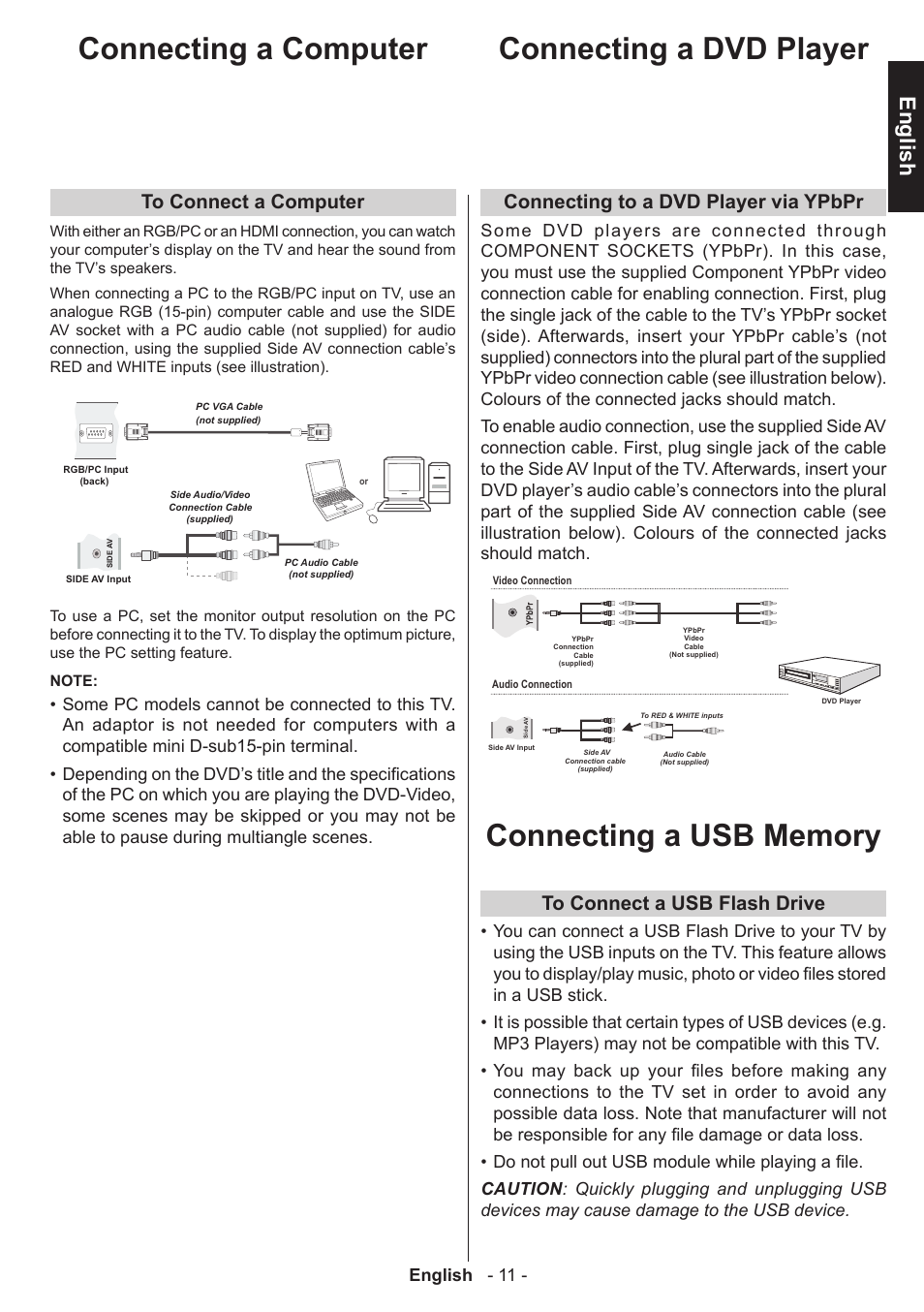 Connecting a computer connecting a dvd player, English, Connecting to a dvd player via ypbpr | English - 11 | Toshiba L3455 User Manual | Page 12 / 54