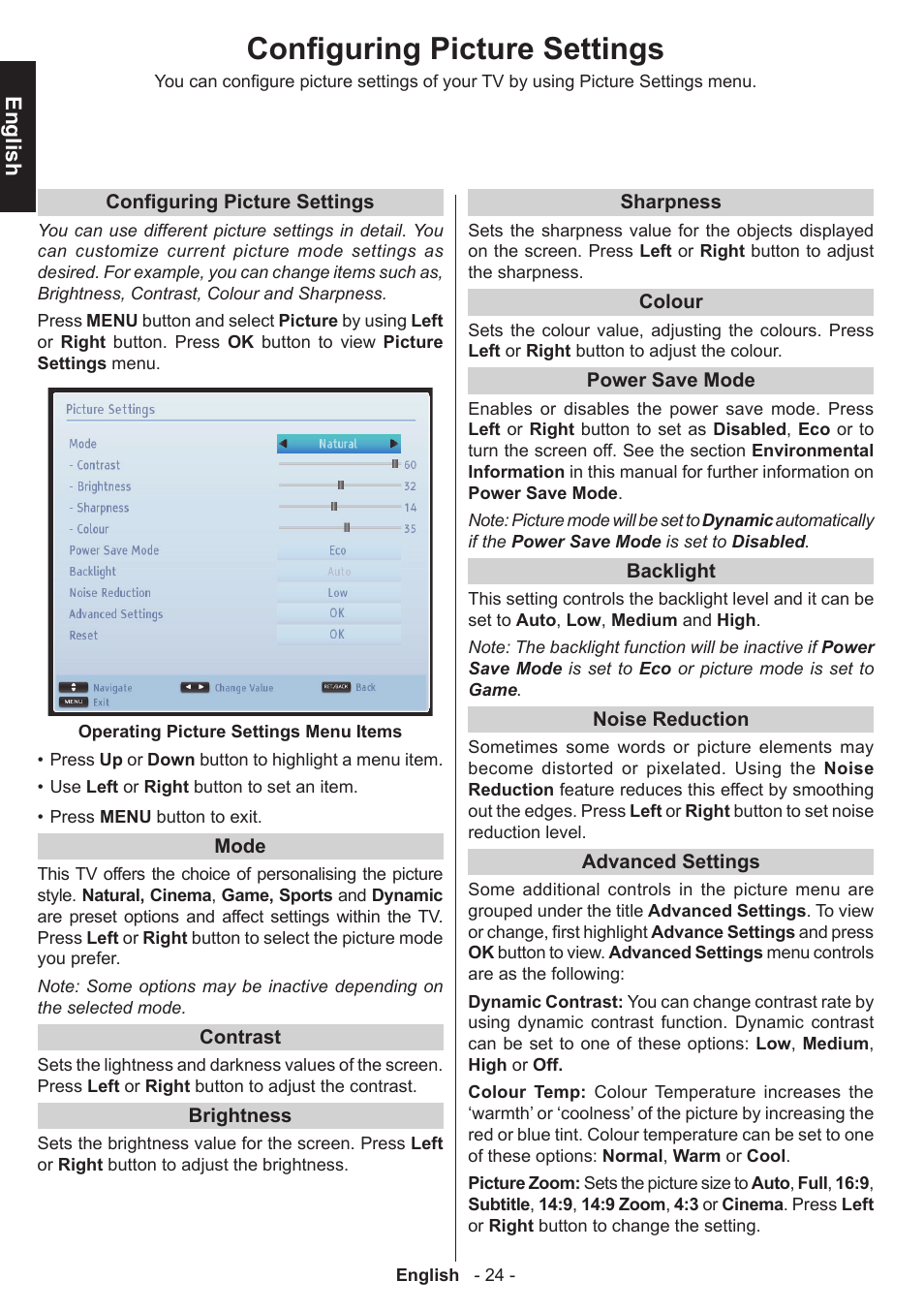 Configuring picture settings, English | Toshiba L3455 User Manual | Page 25 / 54