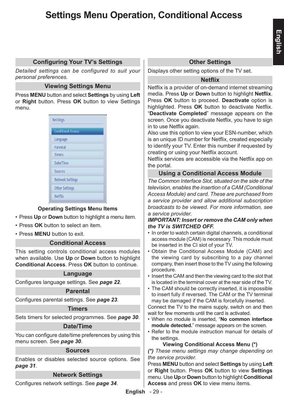 Settings menu operation, conditional access, English | Toshiba L3455 User Manual | Page 30 / 54