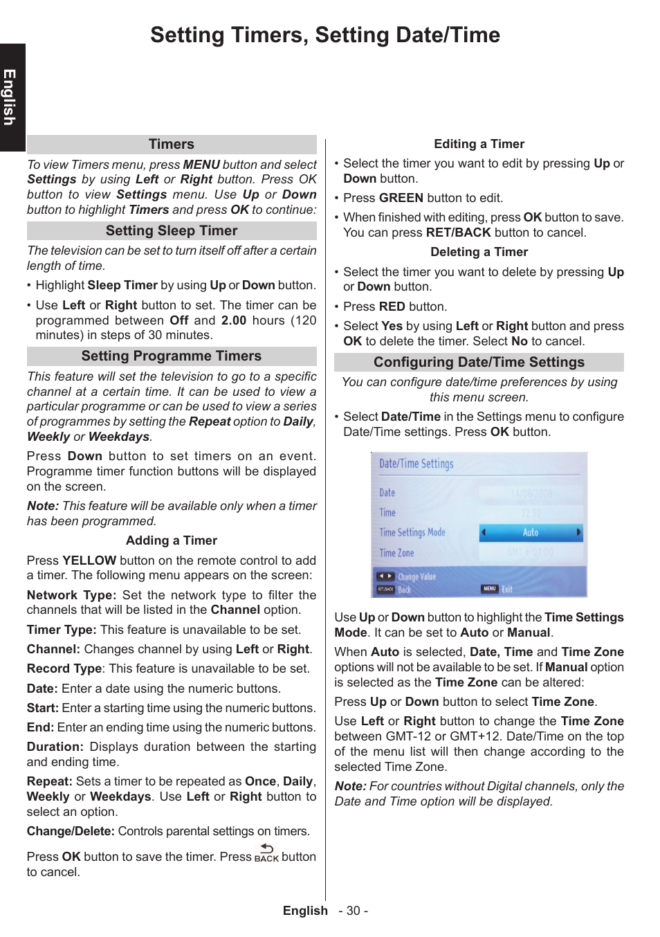 Setting timers, setting date/time, English | Toshiba L3455 User Manual | Page 31 / 54