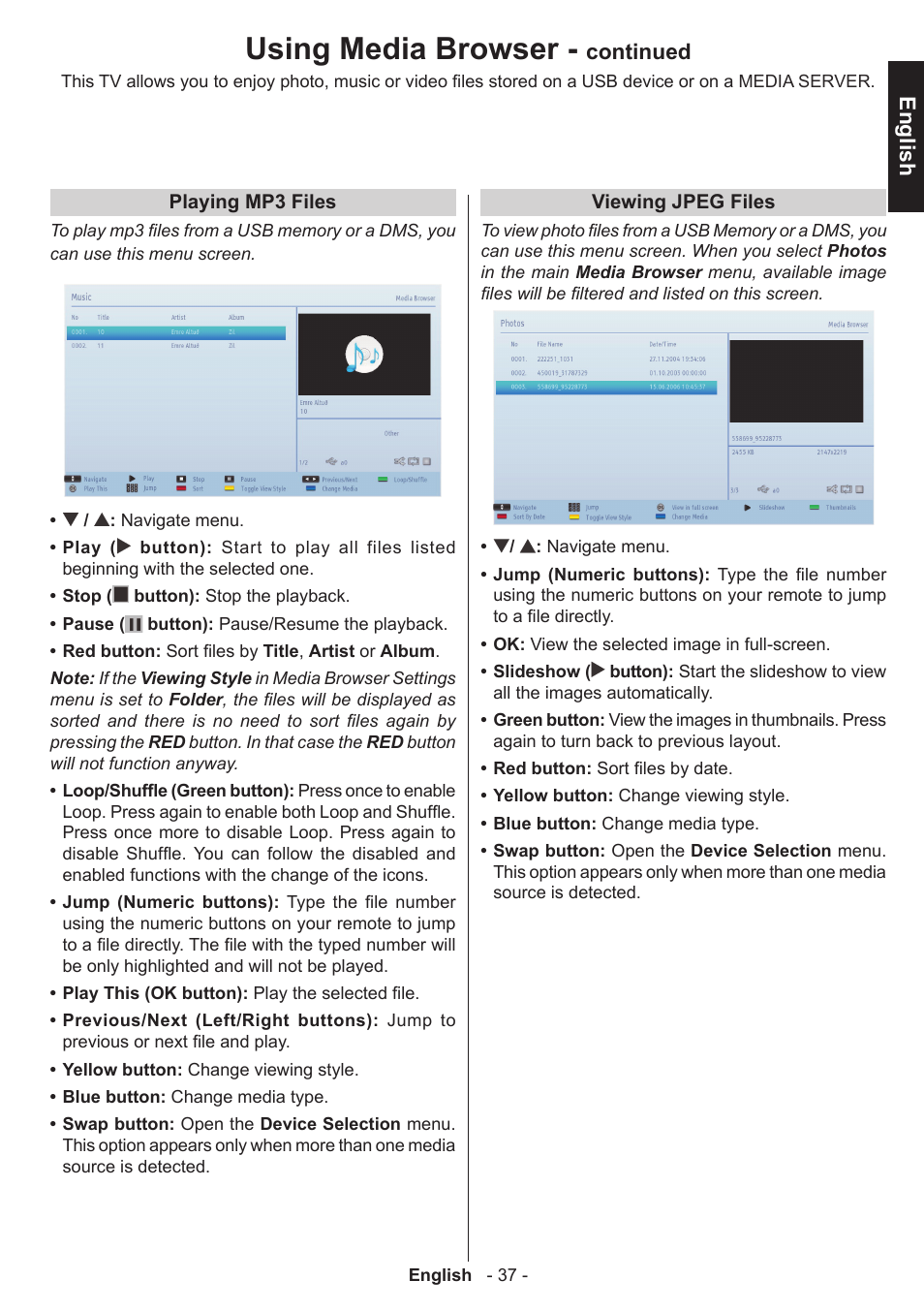 Using media browser, English, Continued | Toshiba L3455 User Manual | Page 38 / 54