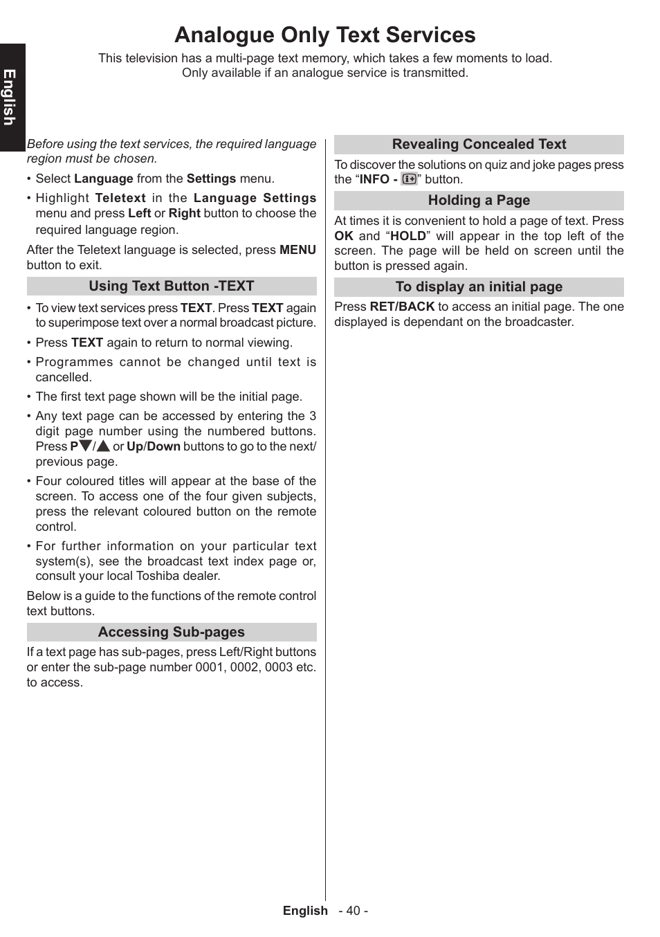 Analogue only text services, English | Toshiba L3455 User Manual | Page 41 / 54