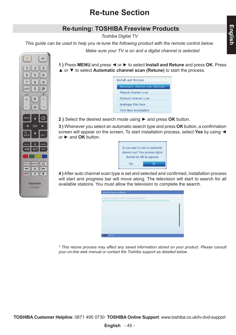 Re-tuning: toshiba freeview products | Toshiba L3455 User Manual | Page 46 / 54