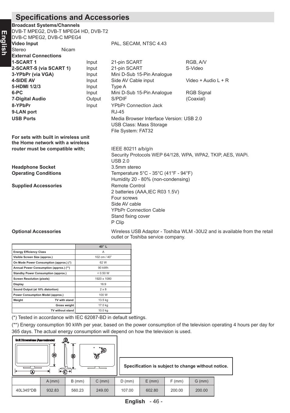 Specifications and accessories, English, English - 46 | Toshiba L3455 User Manual | Page 47 / 54