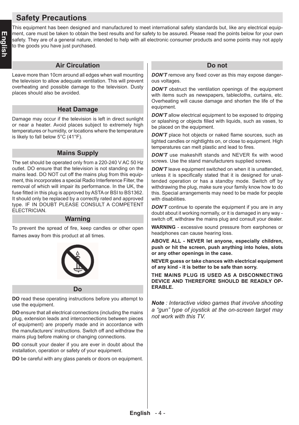 Safety precautions, English, Air circulation | Heat damage, Mains supply, Warning, Do not | Toshiba L3455 User Manual | Page 5 / 54