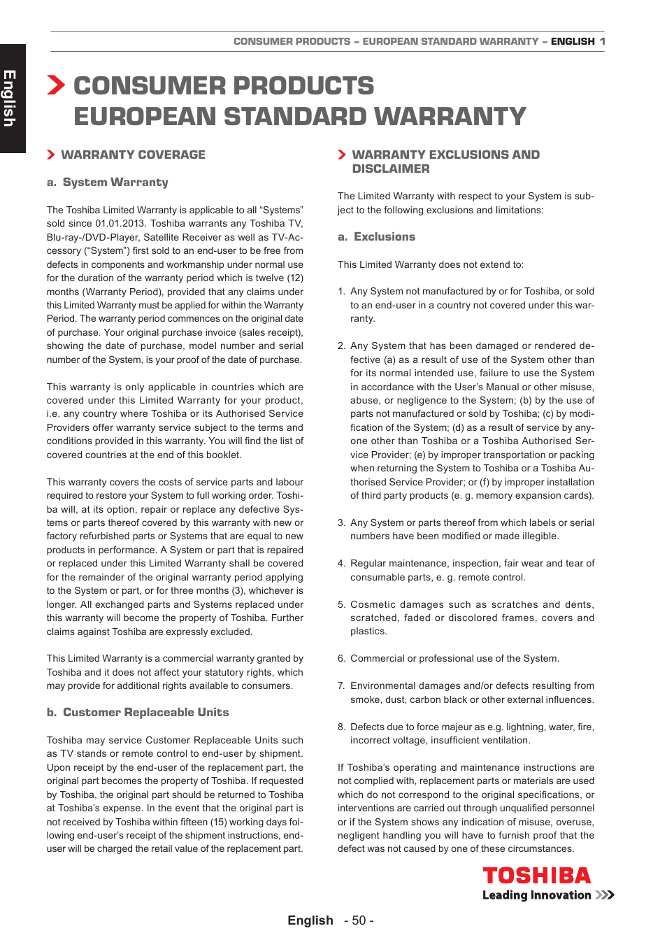 Consumer products european standard warranty, English | Toshiba L3455 User Manual | Page 51 / 54