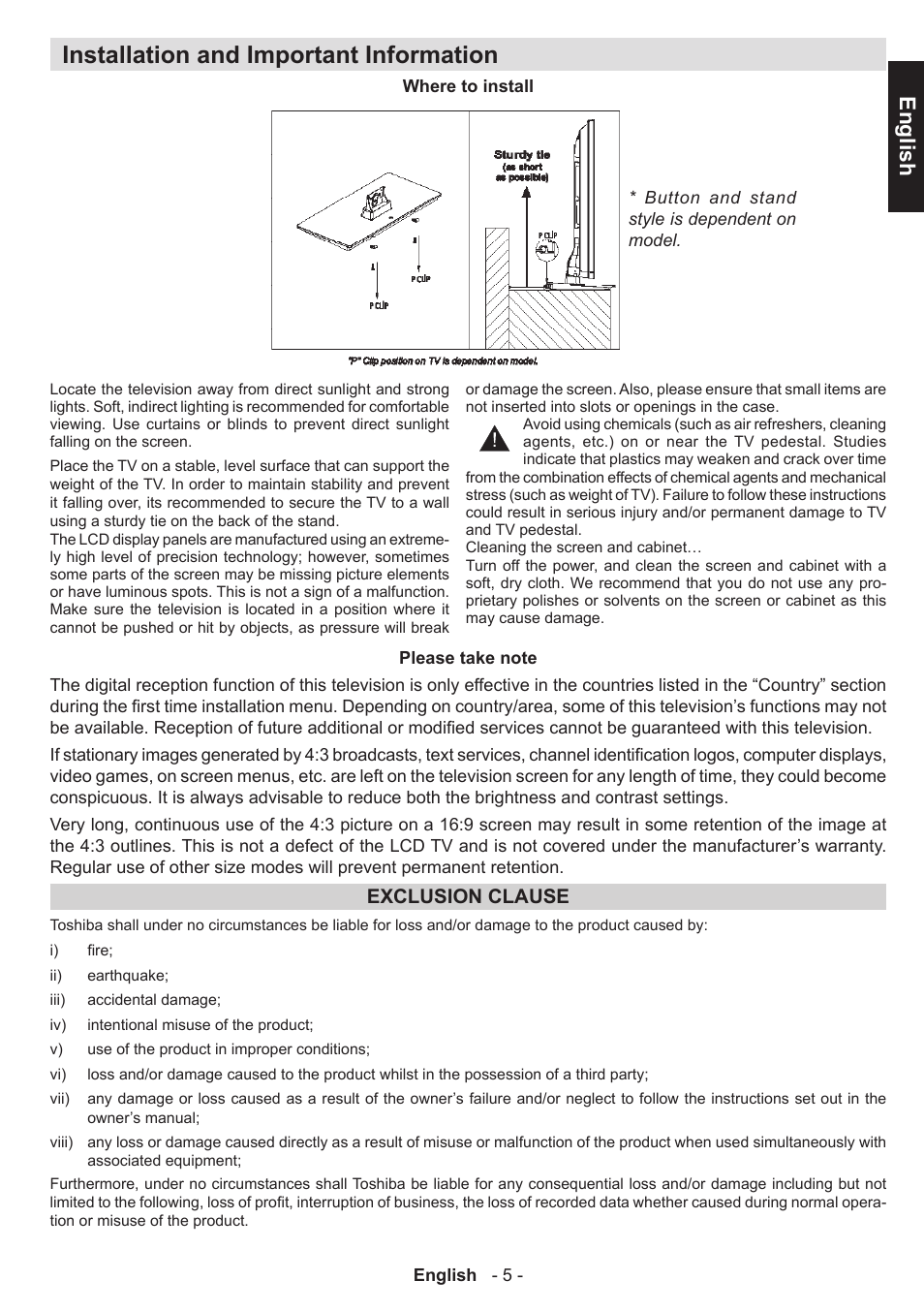 Installation and important information, English, Exclusion clause | Toshiba L3455 User Manual | Page 6 / 54