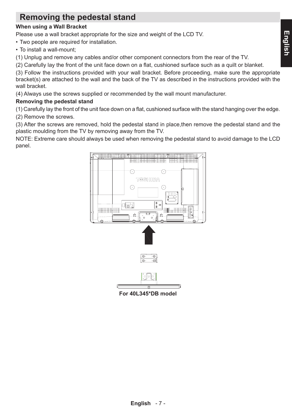 Removing the pedestal stand | Toshiba L3455 User Manual | Page 8 / 54