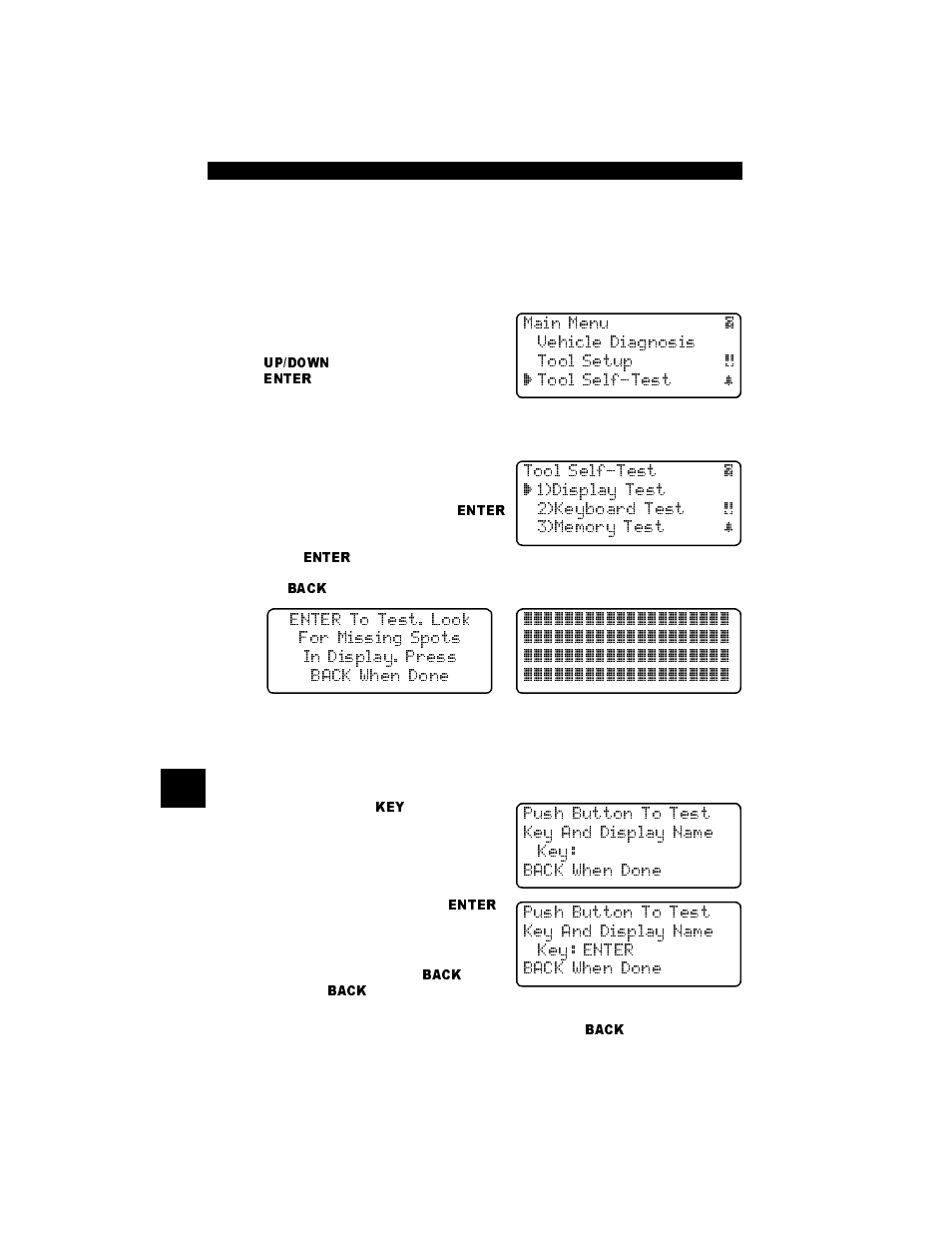 Tool self-tests, Display test, Keyboard test | Tool self-tests -4, Display test -4 keyboard test -4, 8tool self-tests | Actron Professional Enhanced Scan Tool 9640A User Manual | Page 106 / 126