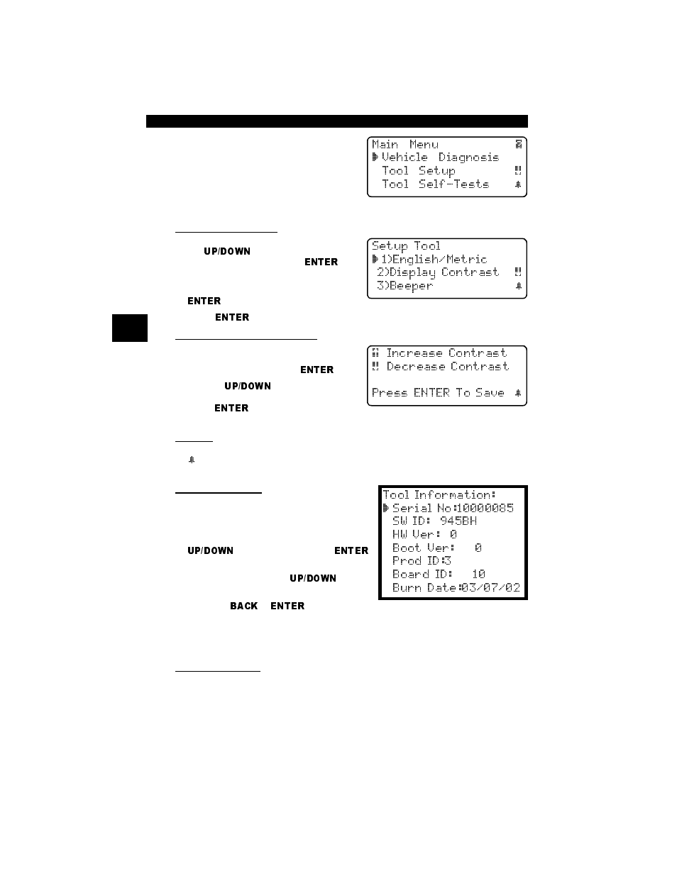 Scan tool setup, Measurement units, Changing display contrast | Beeper, Tool information, Printer interface, Scan tool setup -4 | Actron Professional Enhanced Scan Tool 9640A User Manual | Page 26 / 126