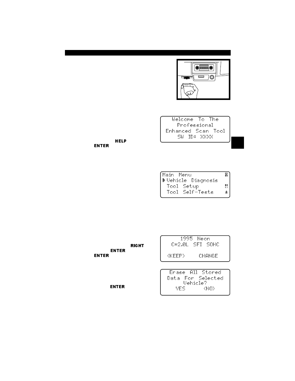 Connecting the scan tool, Vehicle selection, Keep current vehicle | Connecting the scan tool -7, Vehicle selection -7 keep current vehicle -7, 3connecting the scan tool | Actron Professional Enhanced Scan Tool 9640A User Manual | Page 29 / 126