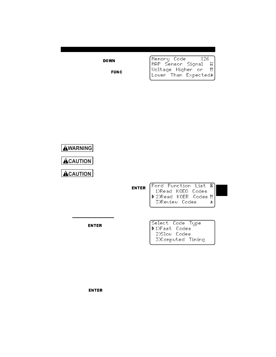 Read koer codes, Fast or slow codes, Read koer codes -3 | Warning, Caution | Actron Professional Enhanced Scan Tool 9640A User Manual | Page 63 / 126