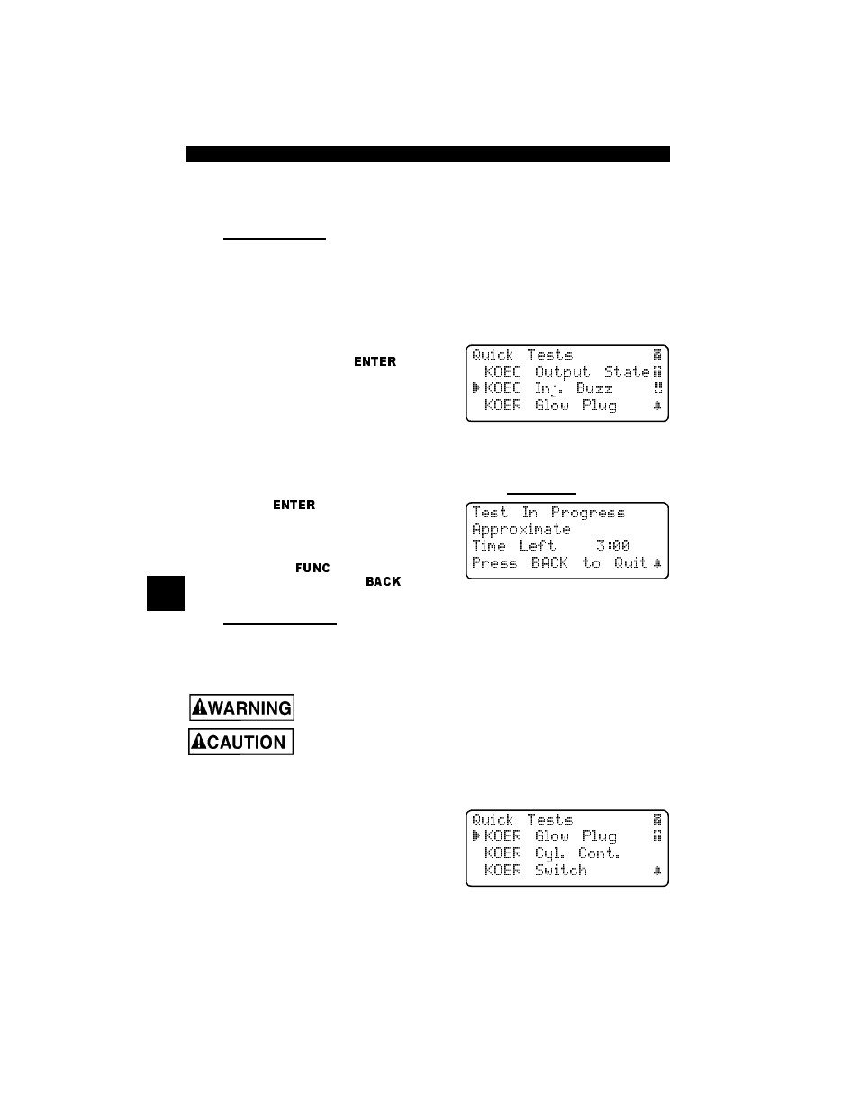 Quick tests (7.3l powerstroke diesel only), Koeo inj. buzz, Koer glow plug | Quick tests (7.3l powerstroke diesel only) -24 | Actron Professional Enhanced Scan Tool 9640A User Manual | Page 84 / 126