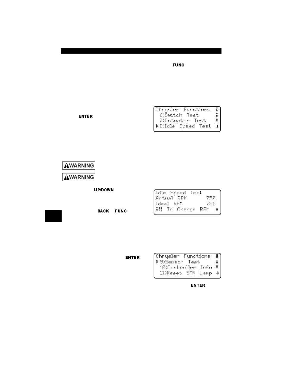 Idle speed test, Sensor test, Idle speed test -8 sensor test -8 | Warning | Actron Professional Enhanced Scan Tool 9640A User Manual | Page 96 / 126
