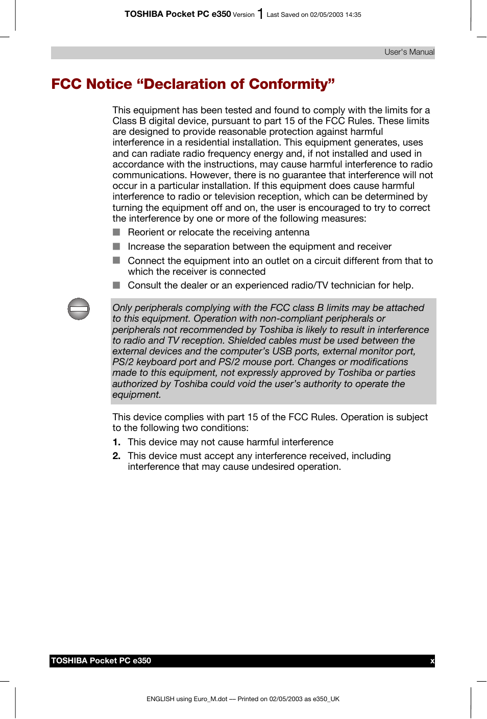 Fcc notice “declaration of conformity | Toshiba Pocket PC e330 User Manual | Page 10 / 113