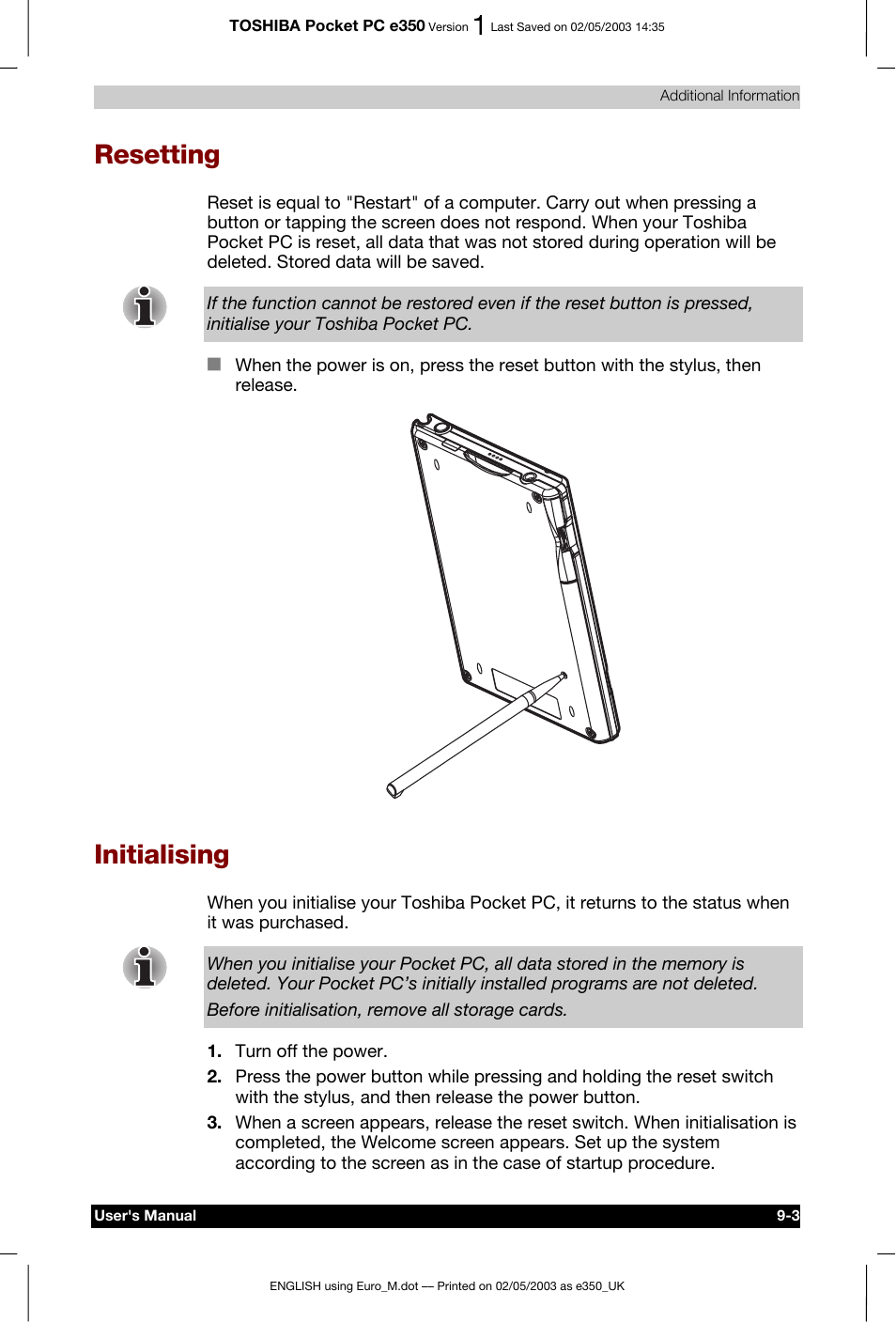 Resetting, Initialising | Toshiba Pocket PC e330 User Manual | Page 106 / 113