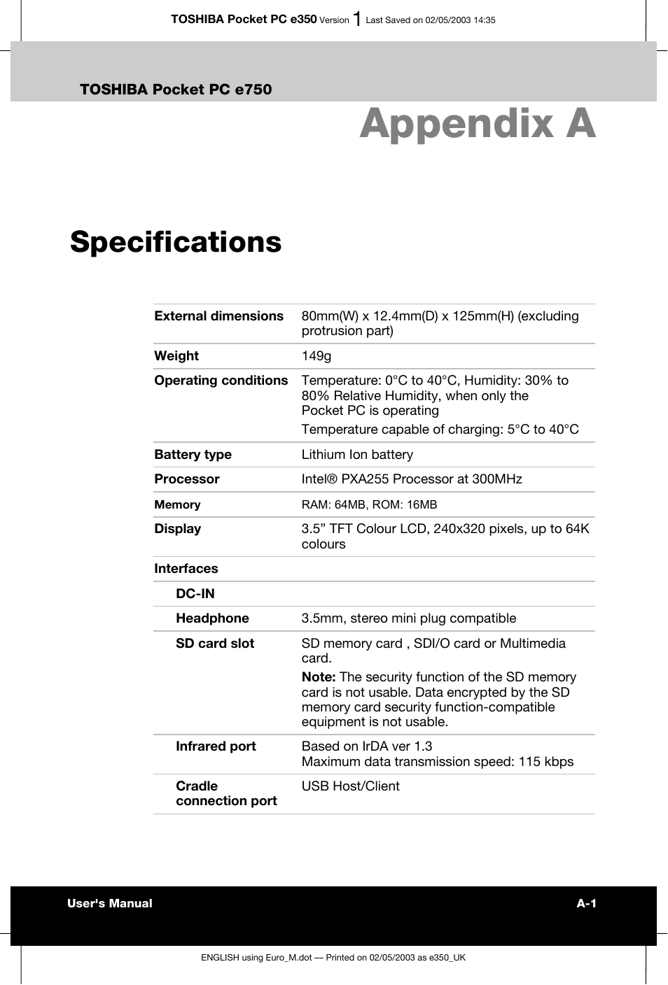 Appendix a specifications, Appendix a, Specifications | Toshiba Pocket PC e330 User Manual | Page 107 / 113